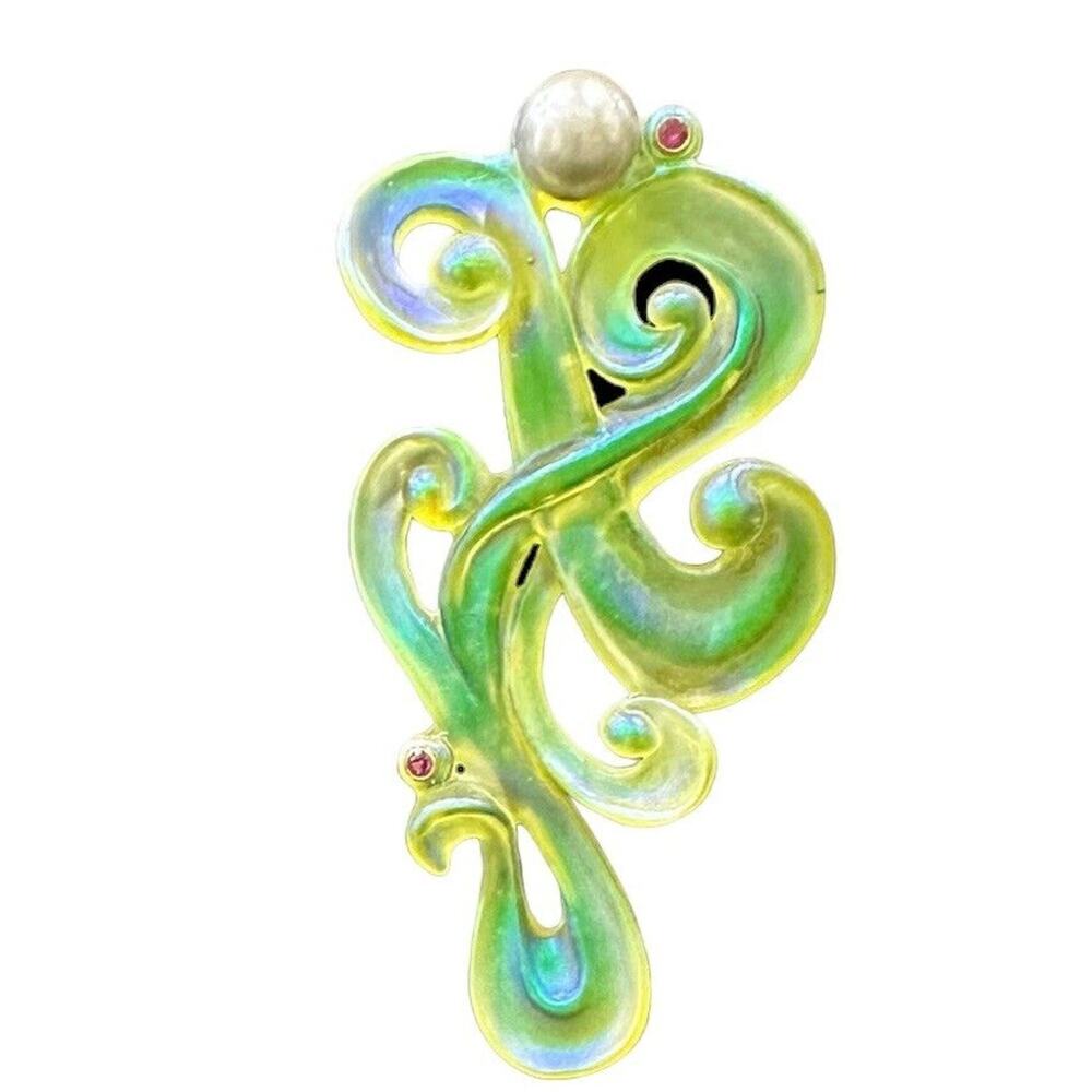 Happiness Pâté De Verre Glass Pendant Pearl Rubies 14K by Gregory Burgard Signed